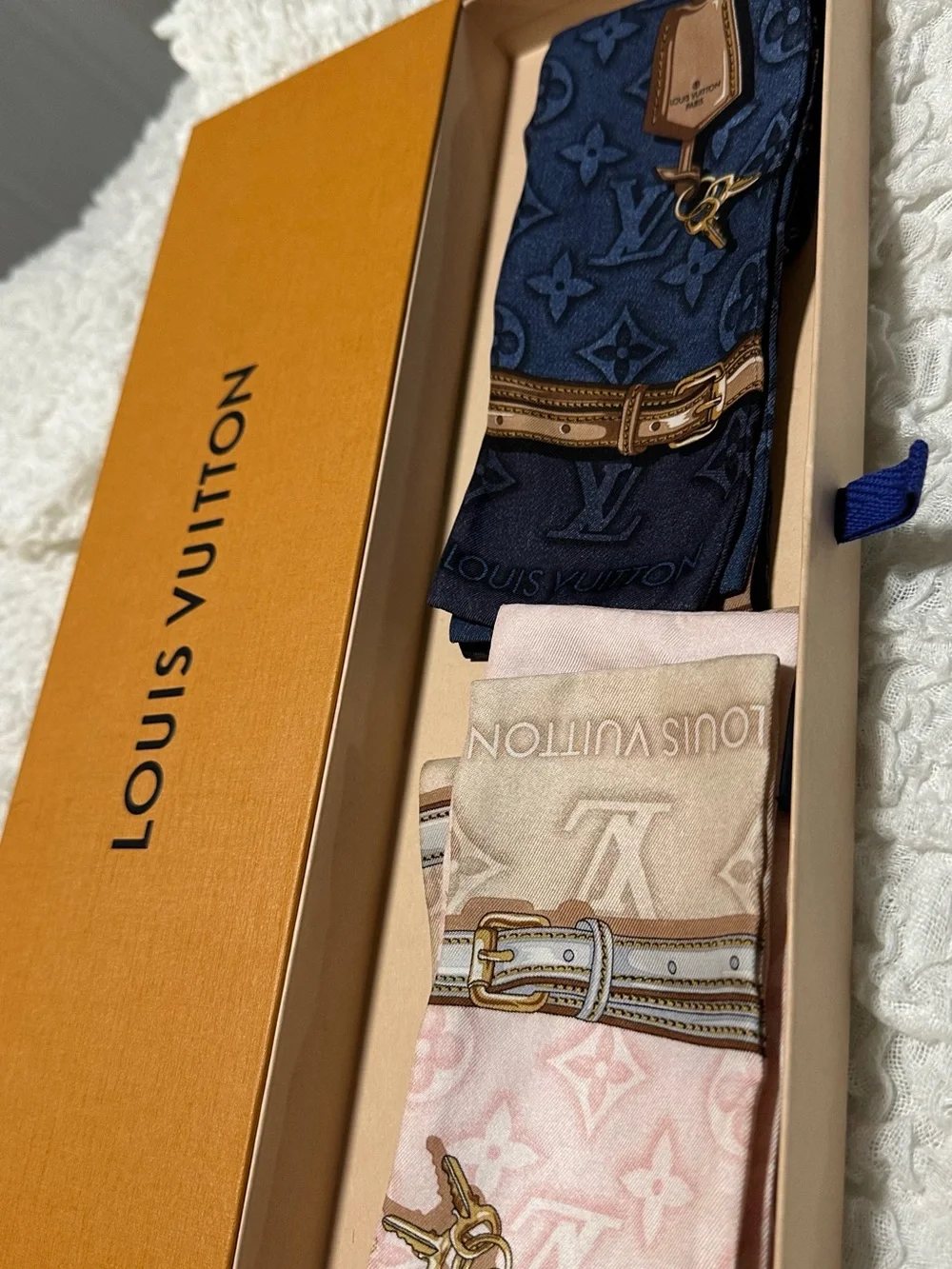 Louis Vuitton Pink and Navy Monogram Silk Twilly Set with Chain Motif